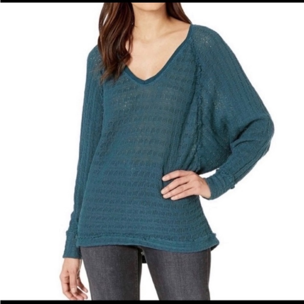 Free People We the Free Oversized Teal Open Knit Dolman Sleeve Vneck Top